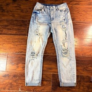Light Wash Distressed Boyfriend Jeans Size M High Rise Stretch Ripped Denim